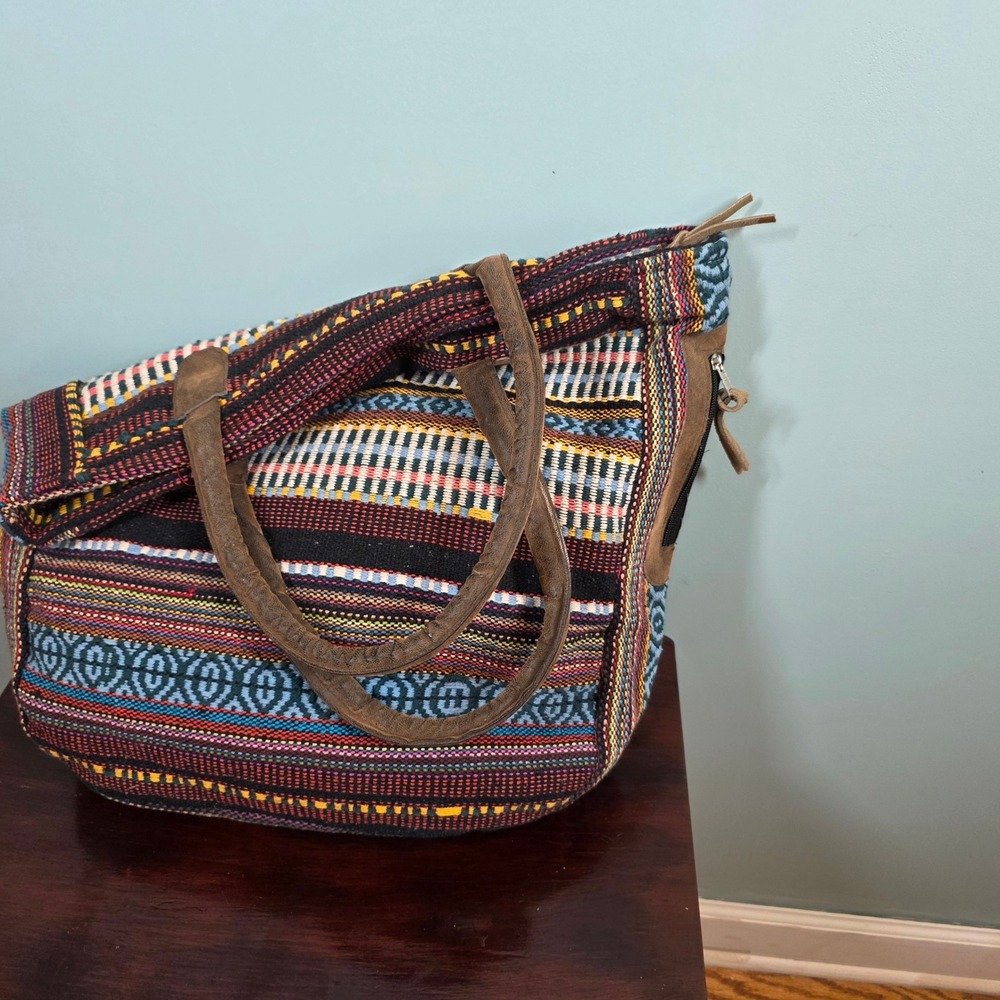Toni Boho Woven Textile Suede Leather Trim Tote Shoulder Bag Multi-Color‎ Large - Picture 2 of 11